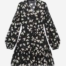Robes | Robe courte noire motif fleuri ceinturée Black-Ecru | The Kooples Femme