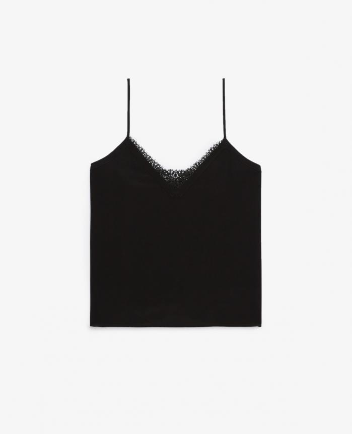 Chemises & Tops | Caraco soie noire col V et dos dentelle Black | The Kooples Femme