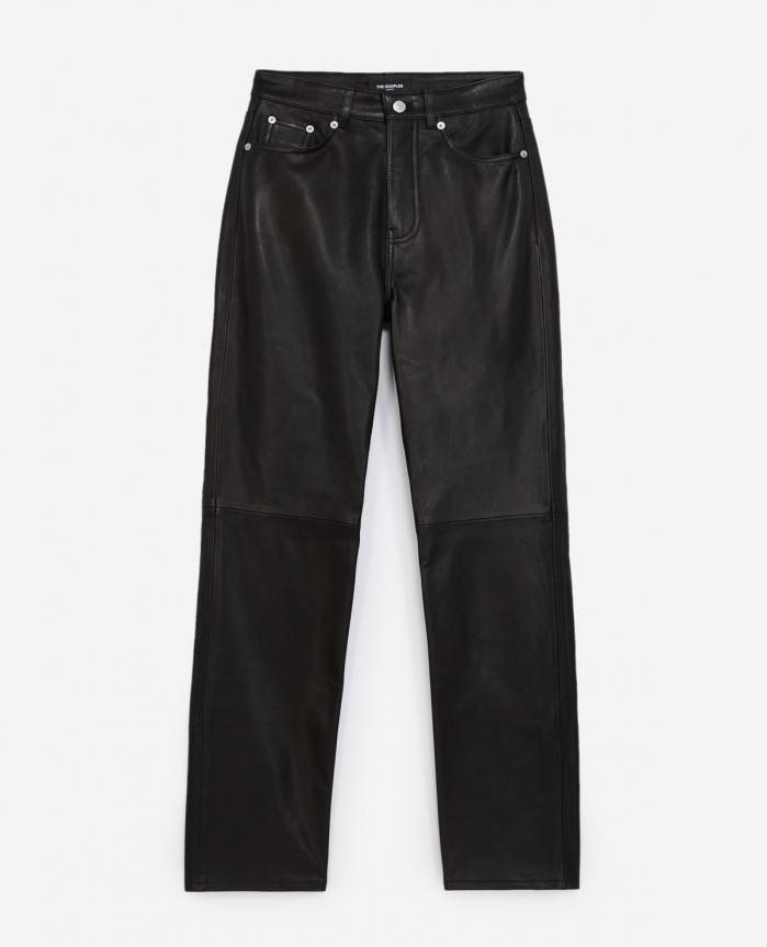 Pantalons & Jeans | Pantalon droit noir cuir à cinq poches Black | The Kooples Femme